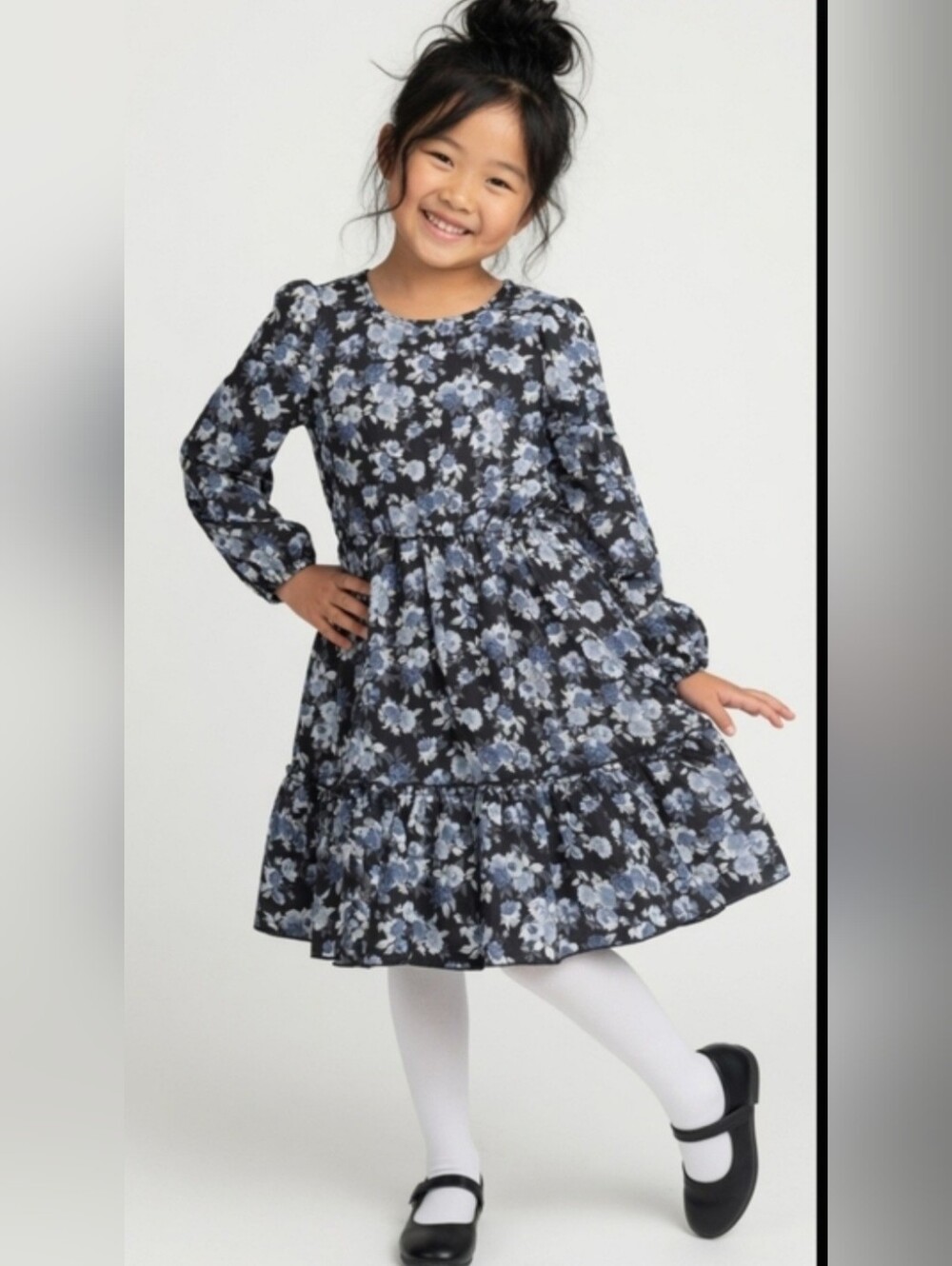 Kidpik Girls Black and Blue Floral Long Sleeve Dress